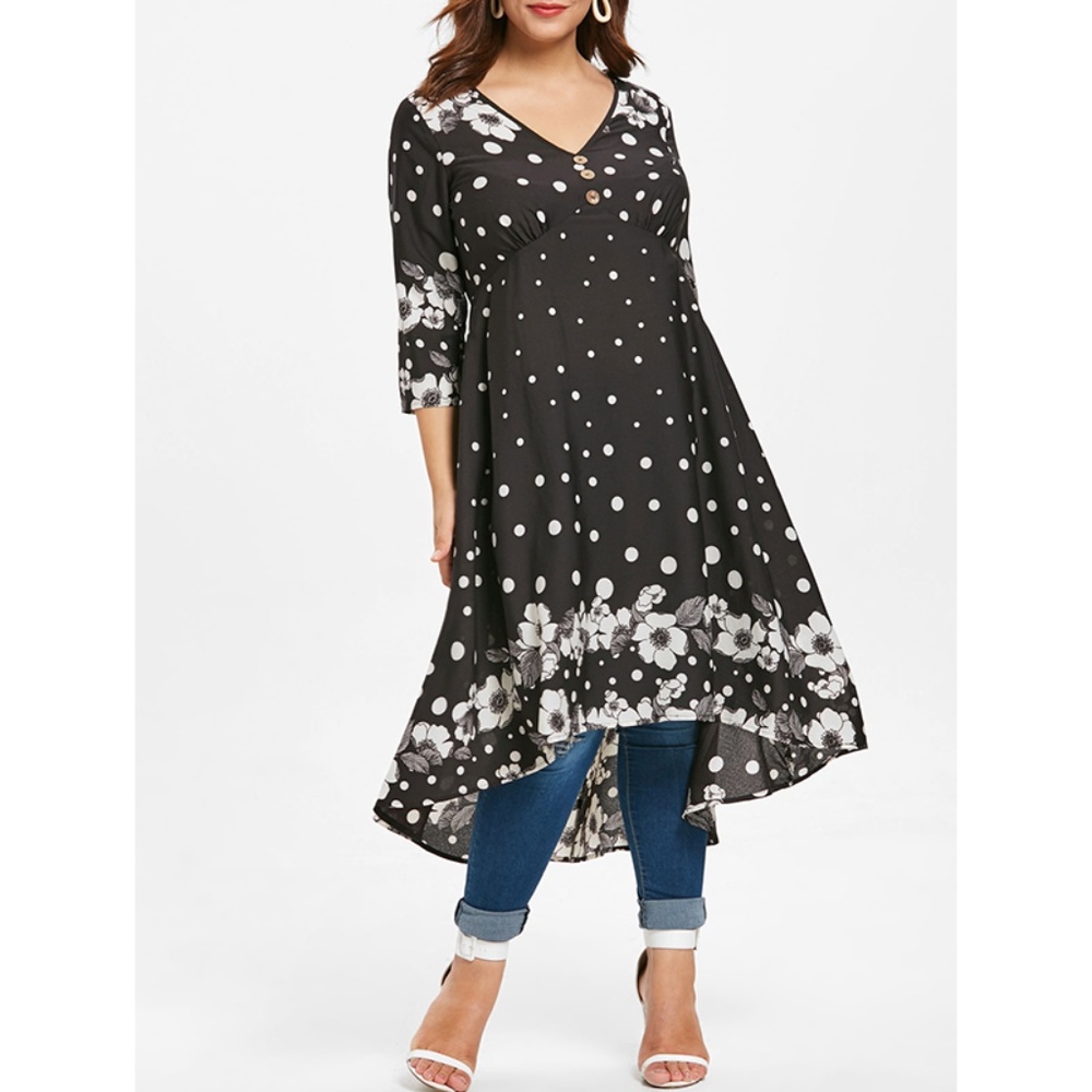 Plus Size Polka Dot Floral Maxi Blouse - Black